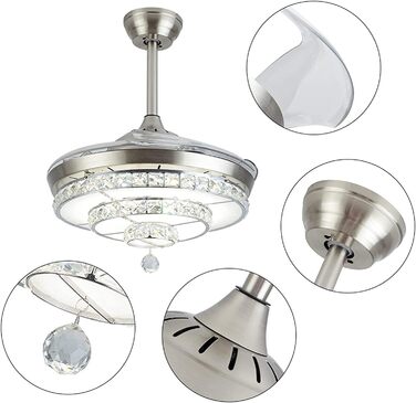 Тихий стельовий вентилятор кришталеві стельові вентилятори зі світлом, сучасні висувні лопаті, люстра, світлодіодний стельовий вен