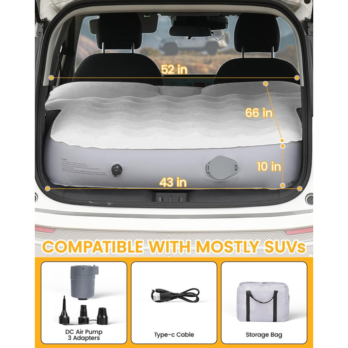 Надувний автомобільний матрац, матрац для позашляховика в багажник автомобіля, з ПВХ-флоком, портативний, універсальний з подушкою та вбудованим насосом для подорожей, універсалів, кемпінгу