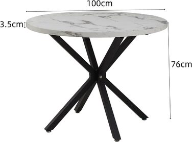 Сучасний круглий обідній стіл з промисловим листовим металом та чорними металевими ніжками - Скандинавський стіл для вітальні або кухні, 4-6 осіб, 100 см - Мармурова структура білийчорний