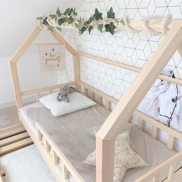 Ліжко-будиночок 90x160 із захистом від падіння, натуральне дерево - Bell Nuo - дитяче ліжко з ящиком для зберігання - дитяче ліжко з рейковою основою - міцне ліжко із захистом від падіння для дитячої кімнати