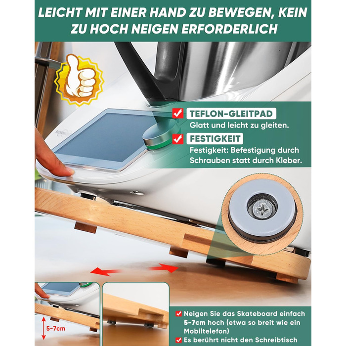 Дерев'яна розсувна дошка для Thermomix TM6 TM5, для розсувної дошки Thermomix з додатковим місцем для ложок, високоякісні тефлонові глайди, переміщення без зусиль, бук