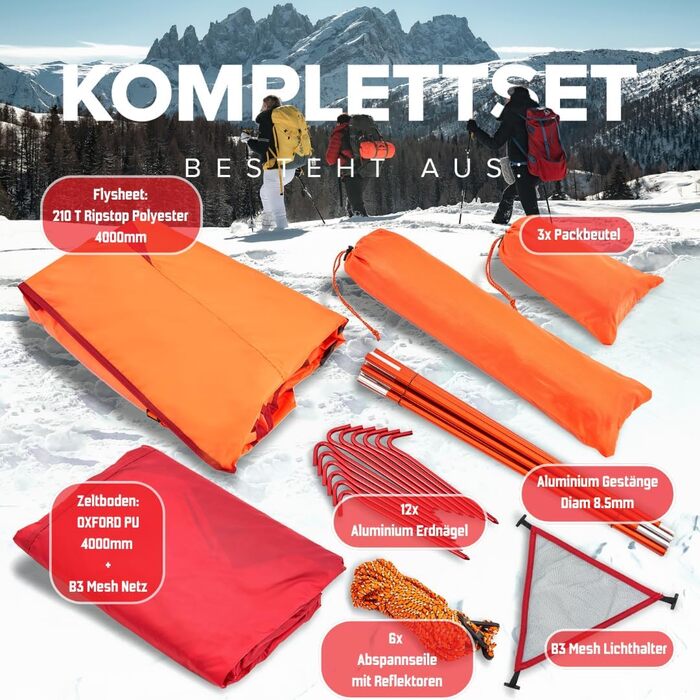 Намети GOALPINE для 1 та 2 дорослих Водонепроникність 4000 мм Маленький розмір у упаковці Для піших прогулянок, альпінізму та велотуризму Ультралегкі 3-4 сезони Швидке встановлення 2P EXPEDITION I - Помаранчеві