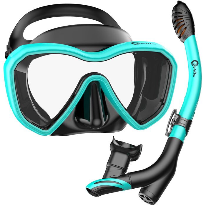 Набір для сноркелінгу, вдосконалена панорамна маска для сноркелінгу, водонепроникна маска для дайвінгу, захист від запотівання, загартоване скло із захистом від протікання, з 3-канальним преміальним сухим сноркелем для дорослих, водяно-зелений