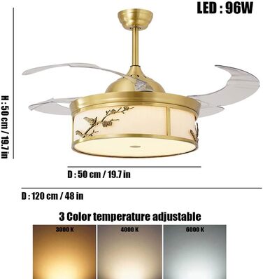 Латунний 48-дюймовий 96-ваттний світлодіодний стельовий вентилятор з частотним перетворенням, регульованою колірною температурою,