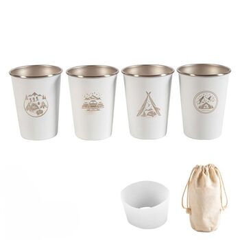 Набір кавових чашок з нержавіючої сталі 304 для використання на відкритому повітрі об&39ємом 350 мл, 4 предмети, з силіконовим тримачем для чашок, білий