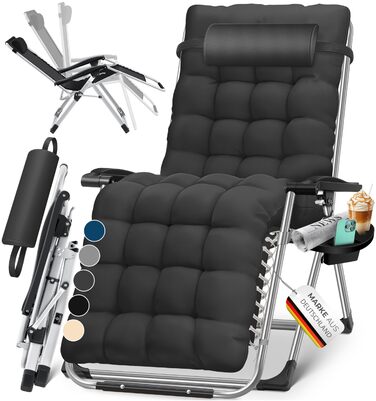 Шезлонг KESSER, складаний та водонепроникний, садовий стілець, вантажопідйомність 200 кг, ергономічна подушка, надзвичайно широкий, регульована спинка, садовий шезлонг з подушкою для шиї та тримачем для напоїв, антрацитовий