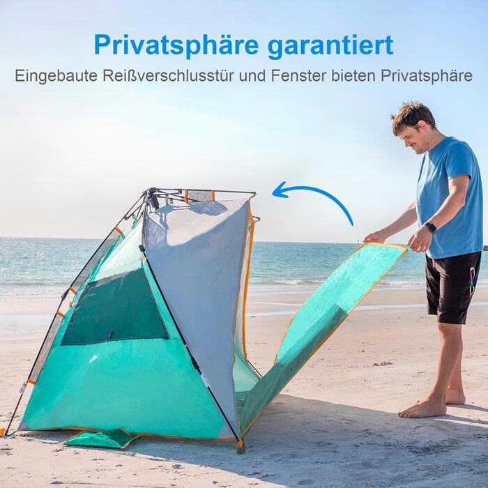Пляжний намет WolfWise з функцією швидкого встановлення для 3-4 осіб захист від ультрафіолету 50, водовідштовхувальний, приватний простір із дверима на блискавці та сітчастими вікнами, портативний пляжний намет для сім&39ї та кемпінгу, м&39ятно-зелений, 3