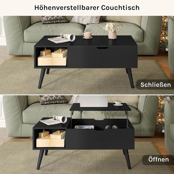 Журнальний столик WOLTU з регульованою висотою, стіл для вітальні з місцем для зберігання, журнальний столик, бічний столик, столик для дивана, 100 x (43-57) x 50 см, чорний, BTS26sz