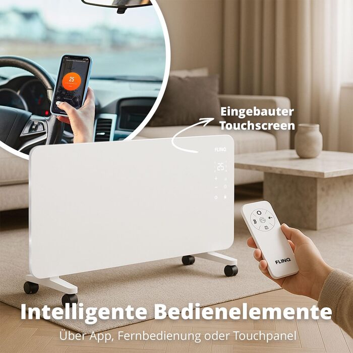 Розумний конвектор FlinQ 2000 Вт - Скляний конвектор, керування за допомогою застосунку - Обігріває до 60 м - Портативний електричний обігрівач - 96 x 46 x 13 см - Білий