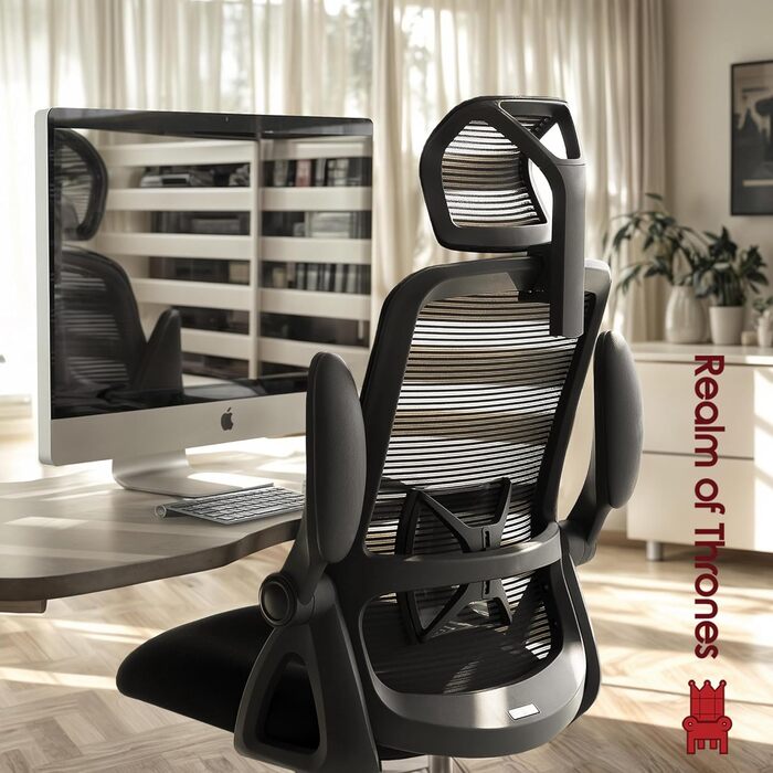 Ергономічне офісне крісло Captain Realm of Thrones, міцна сталева основа, складні підлокітники, регульована поперекова підтримка, дихаюча сітчаста спинка, зручна подушка сидіння, стілець (чорний) чорного кольору, сучасний