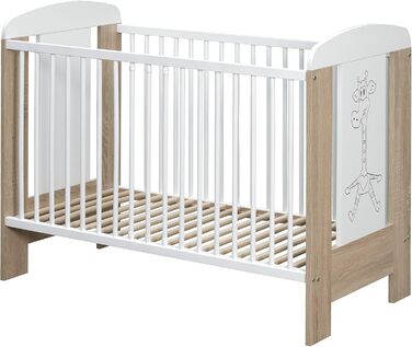 Дитяче ліжечко/ліжечко для малюків 120x60 см з масиву бука регульована висота в 3 напрямках, 3 знімні перекладини, перевірено EN 716 білий/сонома, жираф Модель Kamil