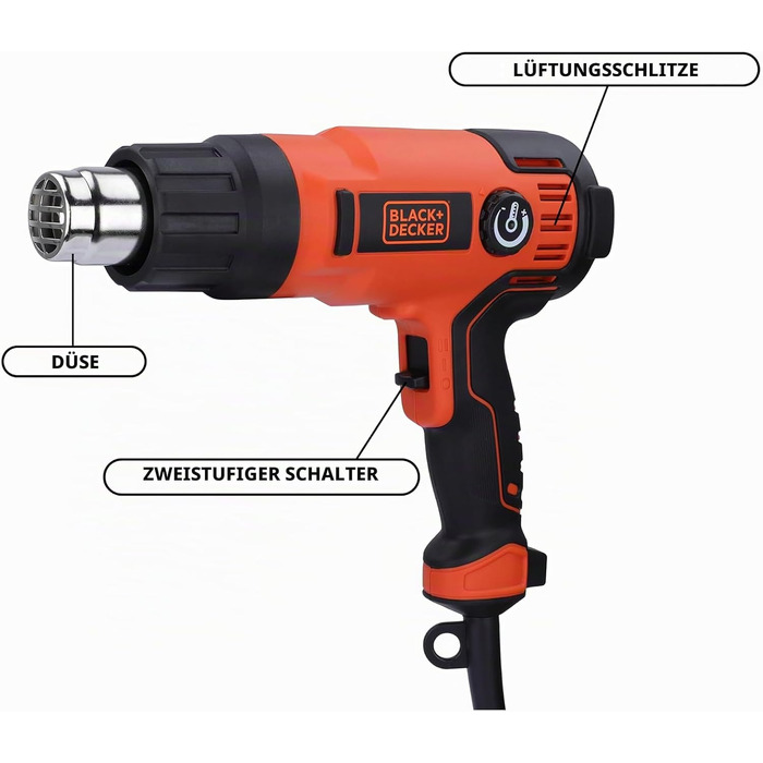 Будівельний фен BlackDecker KX2200K 2000 Вт (з 2-ступеневим вимикачем безпеки, плавним регулюванням температури, автовимкненням, набір аксесуарів з 8 предметів)