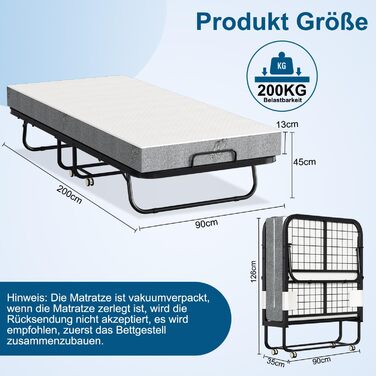 Розкладне ліжко ISOSIL 90x200 см Гостьове ліжко, розкладне з матрацом з пінопласту 13 см Гостьове ліжко, розкладне металевий каркас ліжка, розкладне ліжко на колесах, розкладне металеве ліжко, вантажопідйомність 200 кг, пилонепроникне