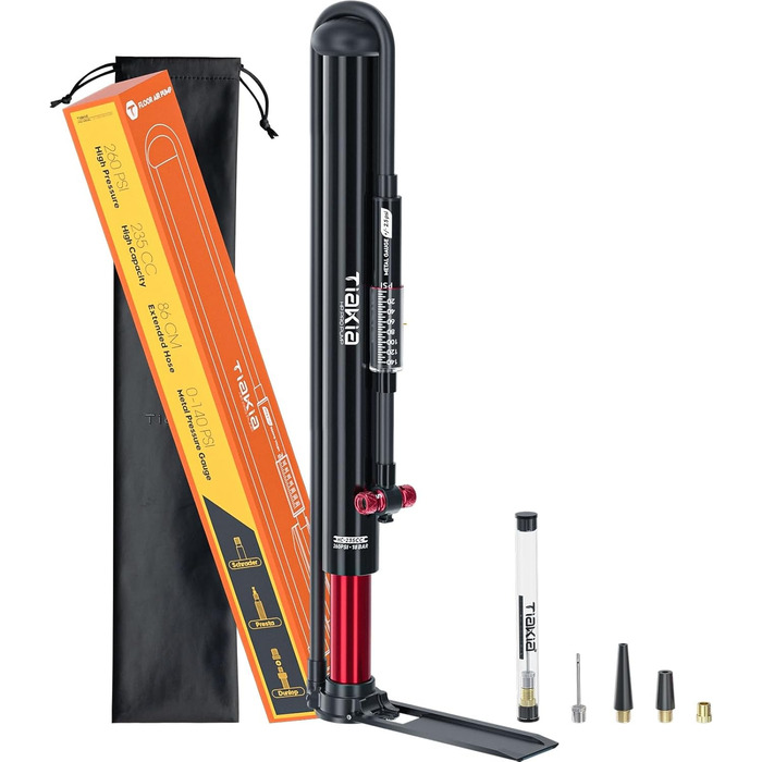 Велосипедний насос Tiakia з манометром, маленький велосипедний насос для всіх типів вентилів, алюмінієвий міні-насос, портативний насос для шин Schrader та Presta, шосейні та гірські велосипеди, 260 PSI/18 бар