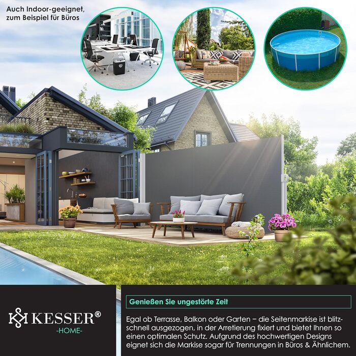 Алюмінієва бічна маркіза KESSER, розсувна та непрозора, 300 x 180 см Захист від вітру та приватності в саду з автоматичним механізмом згортання для балкона та патіо Бічна штора, включаючи дощовик з настінним кріпленням, темно-сіра, 300 x 180 см