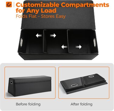 Органайзер для багажника Fyzeoty просторий органайзер для позашляховика, шкіряна коробка для зберігання речей, з магнітною кришкою, складаний та регульований, трапецієподібної форми, чорний
