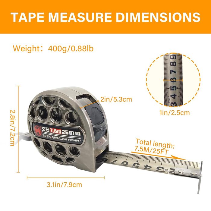 Рулетка 7,5 м х 25 мм, металева рулетка/вимірювальна стрічка Powerlock, висувна порожниста рулетка, нікельована потовщувальна та зміцнювальна протирізальна рулетка