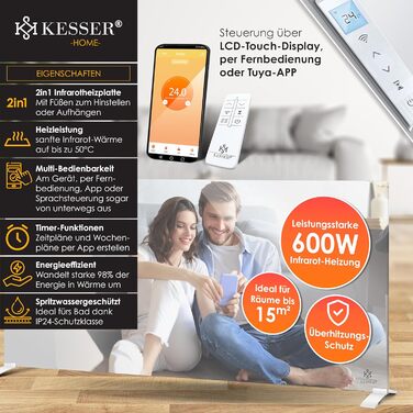 Інфрачервоний обігрівач KESSER потужністю 600 Вт для дзеркал, енергозберігаючий електричний обігрівач 2-в-1, окремостоячий та настінний, з датчиком відкритого вікна дистанційним керуванням та керуванням через додаток, термостат, інфрачервона нагрівальна п