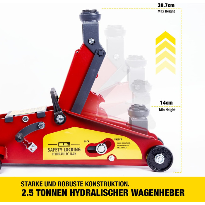 Домкрат гідравлічний 2,5 т (2500 кг) Вбудований пристрій проти падіння горизонтальна висота підйому 130-390 мм, Важкий автомобільний домкрат Аварійний комплект з гайковим ключем і рукавичкою 2,5Т