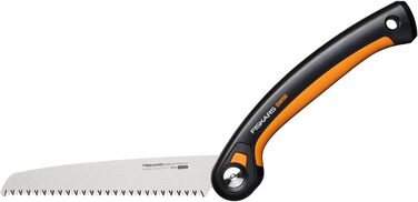 Складна пила Fiskars Plus, для товстих колод і гілок, 3 положення різання, гостре лезо з електроприводом, груба зубчастість, довжина леза 21 см, чорний/помаранчевий, пила SW69, 1067553 (полотно 20 см)