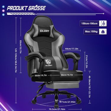 Ергономічне ігрове крісло з підставкою для ніг, ігрове офісне крісло з вантажопідйомністю 150 кг, ігрове крісло зі штучної шкіри, регульоване по висоті ігрове крісло для підлітків та дорослих, сірий колір