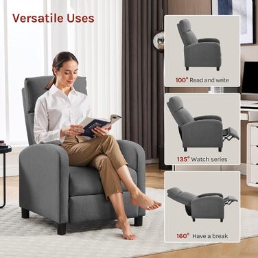 Крісло-реклайнер WOLTU з функцією відкидання/сну, з підставкою для ніг, регульоване, вітальня/спальня, м&39яке, 89 x 102 x 65,5 см, льон, темно-сірий