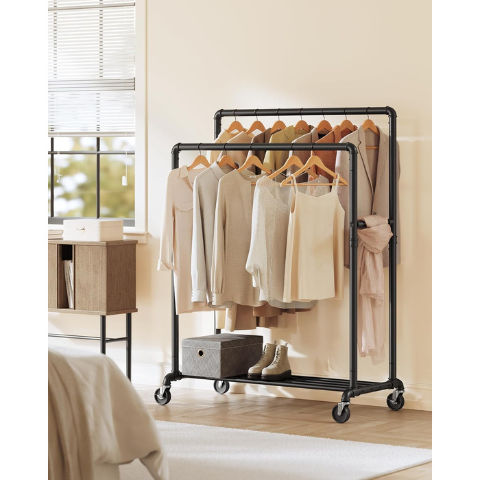 Вішалка для одягу SONGMICS, Штанга для одягу, Гардеробна підставка з 2 шт. ангами для одягу та полицею, Колеса, Вантажопідйомність до 110 кг, Промисловий дизайн, для спальні, Гардеробної, Чорний HSR60B Чорна одинарна рейка