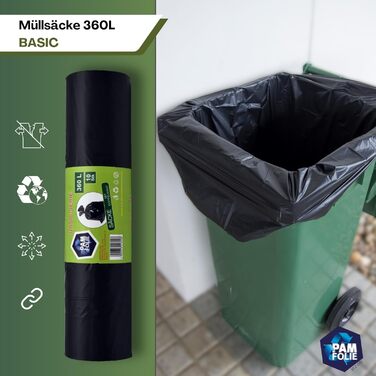 Універсальні сміттєві пакети 360 л - Комплект з 30 шт. - XXL Великі, міцні, товсті сміттєві пакети, базові - 120x150 см - 35 мкм - Чорні сміттєві пакети - Міцні сміттєві пакети - Регранульована плівка 360 л/35 мкм - Упаковка з 3 шт.