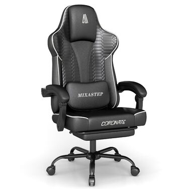 Ергономічне ігрове крісло, офісне крісло з підставкою для ніг, регульоване по висоті та нахилу, надзвичайно широке сидіння (51 см), ергономічна поперекова опора, вантажопідйомність до 150 кг, білий колір