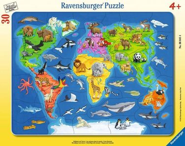 Дитячий пазл Ravensburger - 06641 Карта світу з тваринами - рамковий пазл для дітей від 4 років, 30 елементів