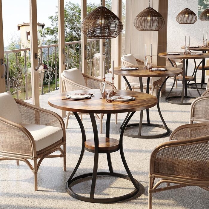 Круглий обідній стіл Tribesigns, кухонний стіл для їдальні та вітальні, обідні столи 80 см для 2-4 осіб, невеликий обідній стіл з місцем для зберігання та металевою основою, рустикальний коричневий (лише стіл)