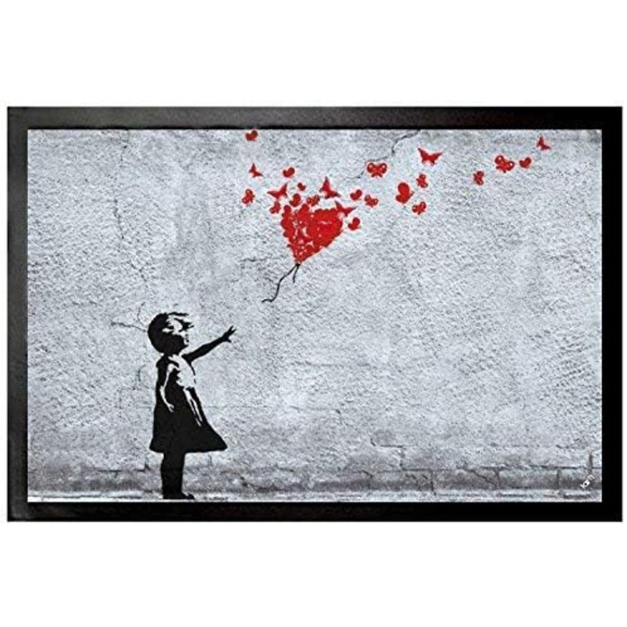Дівчина з повітряною кулькою та метеликами, килимок у стилі Бенксі Декоративний килимок для приміщень Дизайнерський килимок для прихожих 60x40 см, 1art1