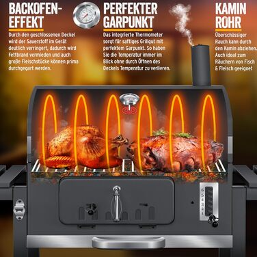 Візок для барбекю XXL вугільний гриль з кришкою, колесами, ручкою з нержавіючої сталі, решіткою для гриля і термометром Візок для