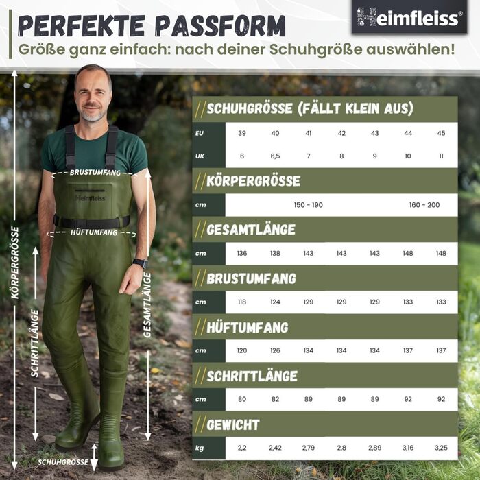 Чоловічі водонепроникні вейдерси з чобітьми Heimfleiss Унісекс нейлонові рибальські штани з аксесуарами Нековзні рибальські штани для риболовлі або чищення ставка Вейдерси, Штани для ставка, Рибальські штани, Розмір взуття 45, Зелені
