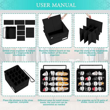 Органайзер для взуття для шафи, вміщує 16 пар, велика взуттєва шафа, взуттєва коробка з прозорою кришкою, міцна коробка для зберігання взуття, компактна взуттєва полиця з ручками, чорна 53 x 42 x 33 см