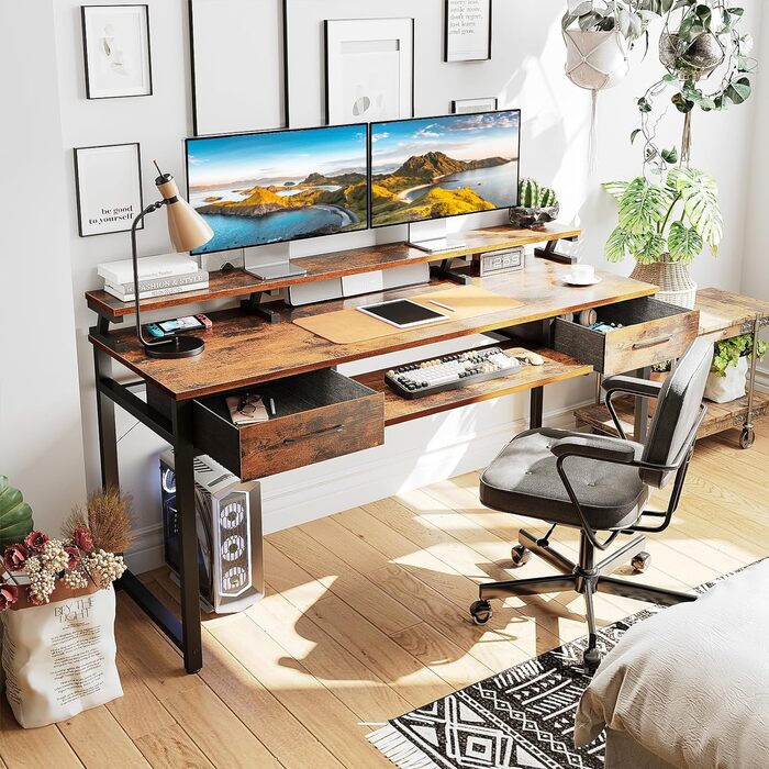 Стіл ODK з 2 шухлядами, комп'ютерний стіл з лотком для клавіатури, офісний стіл для ПК з регульованою по висоті полицею для моніто