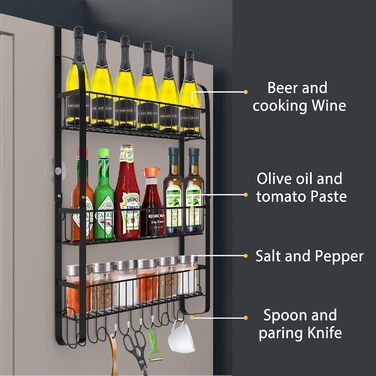 Полиця для холодильника з вуглецевої сталі, 3-секційна полиця для спецій (не потребує свердління), підвісна полиця з 8 гачками, підвісна кухонна полиця, органайзер для спецій з клейкими смужками