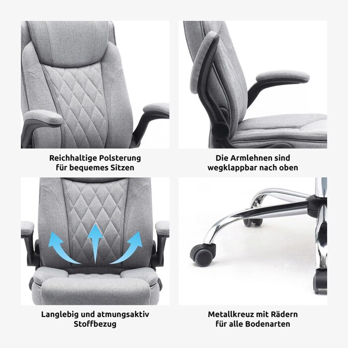 Офісний стілець з тканини Зручний, ергономічний обертовий стілець до 130 кг, зі складними підлокітниками, письмовий стілець з високою спинкою, сірий