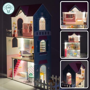 Дерев&39яний ляльковий будиночок 123 см зі світлодіодним підсвічуванням Великий ляльковий будиночок для дітей віком від 3 років з меблями та садом Ляльковий будиночок з підсвічуванням та аксесуарами Креативний ігровий будиночок для дівчаток