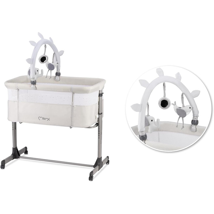 Багатофункціональне приліжкове та дитяче ліжко Momi REVO, 6-рівневе регулювання висоти від 72 до 82 см, з колесами, включаючи матрац, кріпильні ремені, сітку від комах та ручку з іграшками