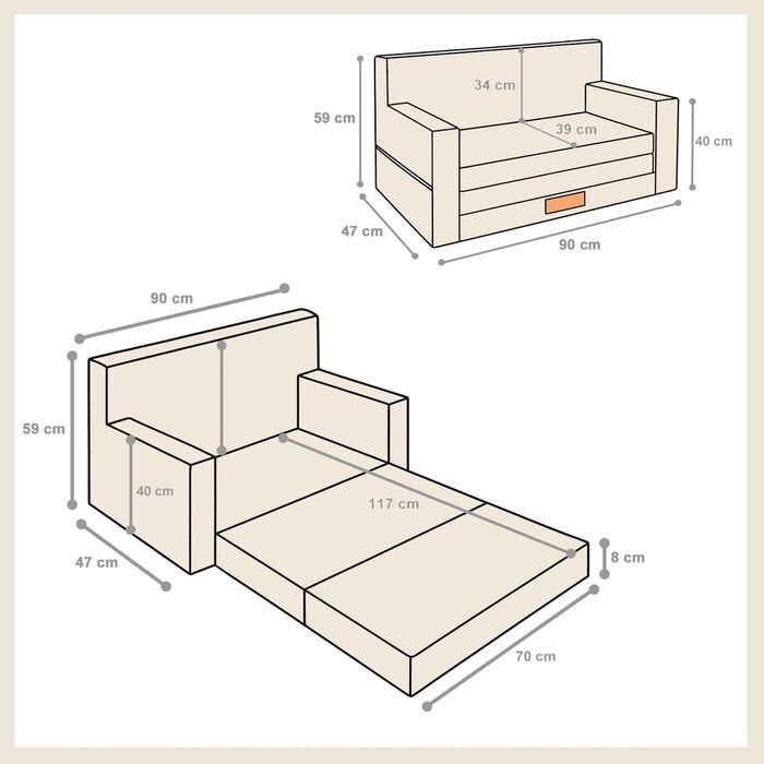 Дитячий диван 3-в-1, вельветовий ігровий диван, розкладний диван та розкладний диван, можливістю персоналізації, виробництво ЄС, (сірий)