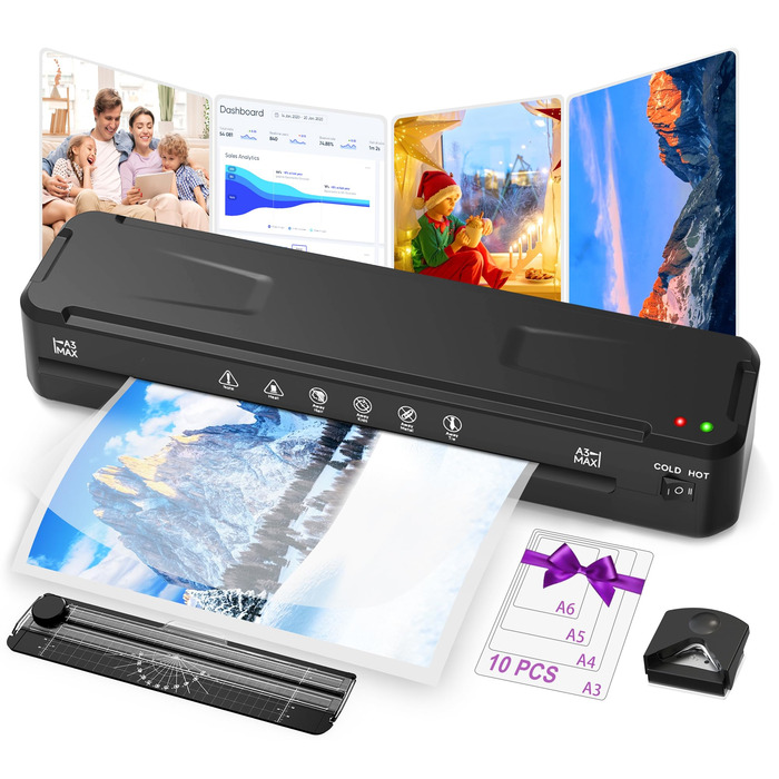 Ламінатор MAXDONE A3, ламінатор, 2-рулонна система з різаком для паперу та закруглювачем кутів, гарячий та холодний ламінатор, гладкий без бульбашок, ламінатор для фотодокументів форматів A3 A4 A5 A6 у школі, офісі FNL012