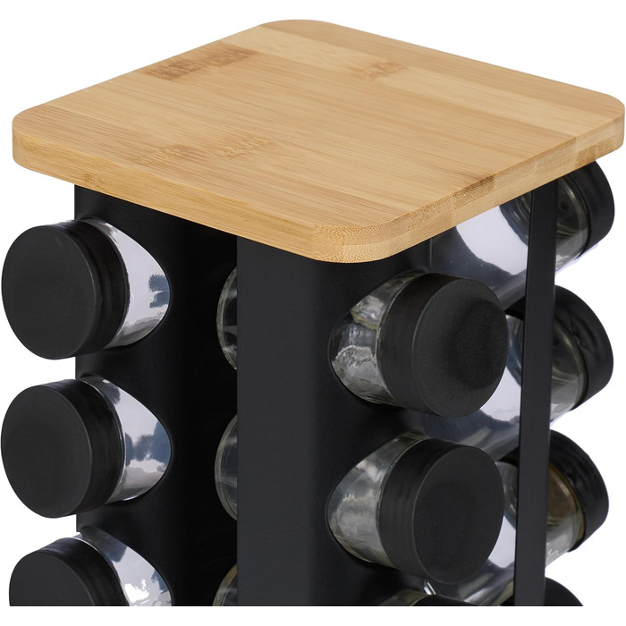 Карусель для спецій Relaxdays, 16 банок для спецій, обертається на 360, нержавіюча сталь, бамбук, скло, ВxШxГ 28 x 20 x 20 см, чорний/натуральний