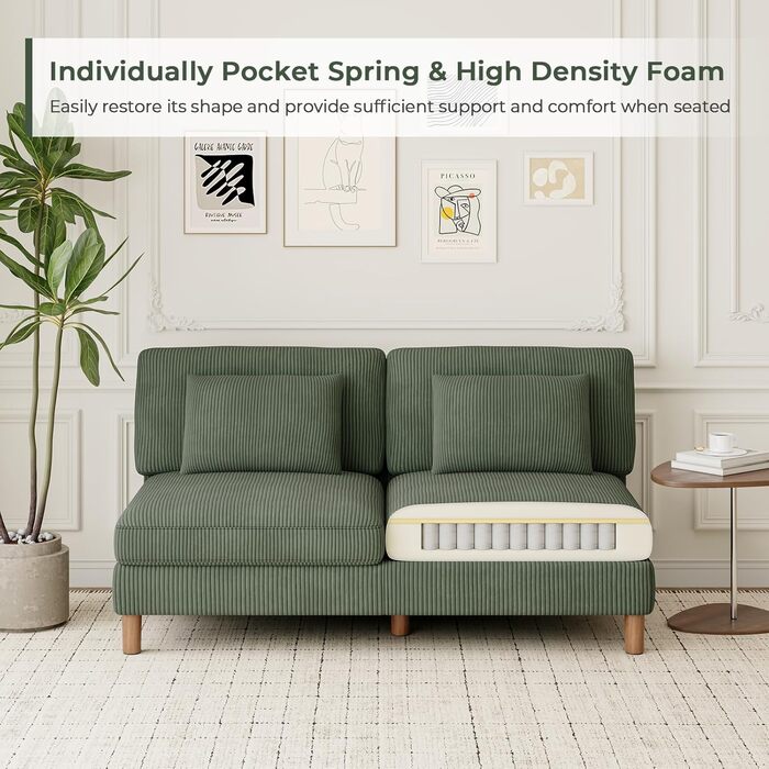 Місний диван Vesgantti Cord без підлокітників, 166 см. Сучасний тримісний диван з подушками, комбінований диван, ідеально підходить для вітальні, спальні, офісу, збирається без інструментів, 166 * 88 * 84 см. Зелений 3-місний диван., 3-