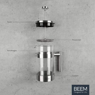 Кавоварка BEEM FRENCH PRESS - 1 л Кавовий прес з нержавіючої сталі зі скла 1 літр Кемпінгова кавоварка Прес-фільтр з нержавіючої сталі 8 чашок кави класичної 1л