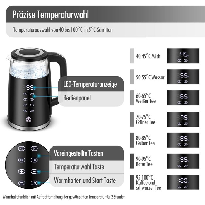 Налаштування температури Вибір температури 40-100C Розумний світлодіодний цифровий дисплей температури BPA FREE Скляний чайник з регульованою температурою Скляний чайник Чайник Функція збереження тепла 4017, 1.7