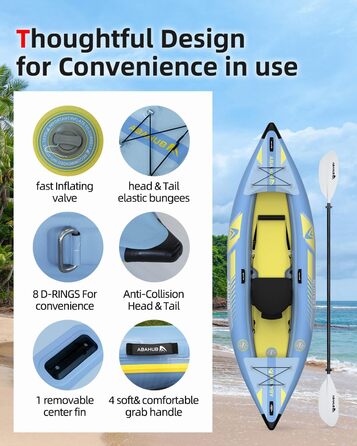 Надувний каяк Abahub 320 см/420 см з веслом для каяка, сидінням для каяка, підставкою для ніг, ручним насосом та сумкою для каякінгу, каное, надувний човен 1/2 сидіння 320/420x89x23 см світло-блакитний 1 сидіння 320 см