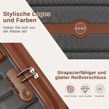 Валіза KONO, дорожня валіза, візок, ручна поклажа 55x40x20 см, виготовлена з твердої оболонки ABSPC, з подвійними колесами та кодовим замком (сіра/коричнева, 55 см) Ручна поклажа (55 см) сіра/коричнева