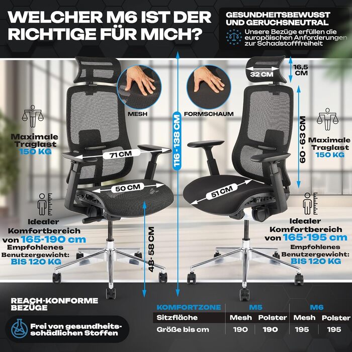 Ергономічне офісне крісло M6, переможець тестів, підходить для зросту до 1,95 м, офісне крісло з сітчастим сидінням, офісне крісло з адаптивною поперековою опорою та регульованою спинкою для здорового сидіння, крісло керівника M6 із сітчастим сидінням (чо