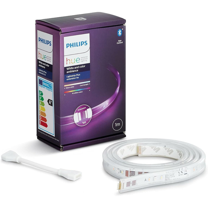 Подовжувач Philips Hue White & Color Ambiance Lightstrip Plus (1 м), світлодіодна стрічка з регулюванням яскравості для системи освітлення Hue з 16 мільйонами кольорів, інтелектуальне керування освітленням за допомогою голосу або програми